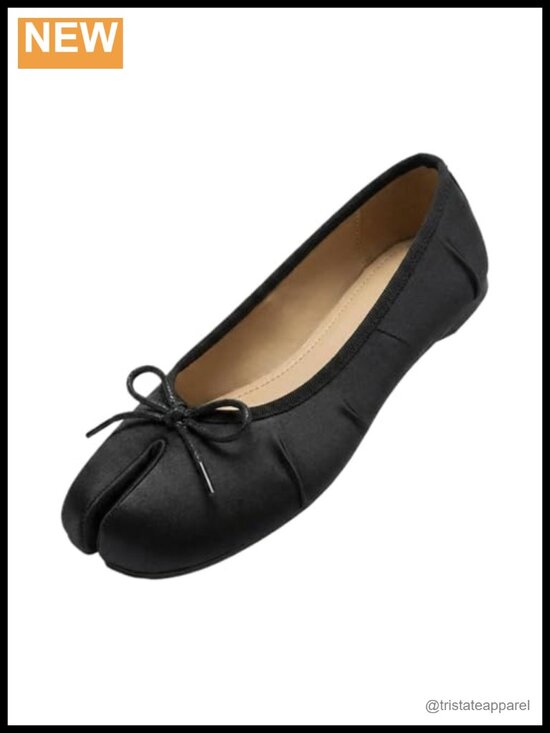 Shoes - Satin Split Toe Ballet Flats Bow Low Heel Slip On Dressy Casual